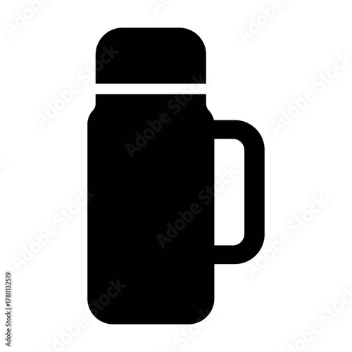 An illustration depicting a black silhouette of a coffee or tea thermos icon on a white background
