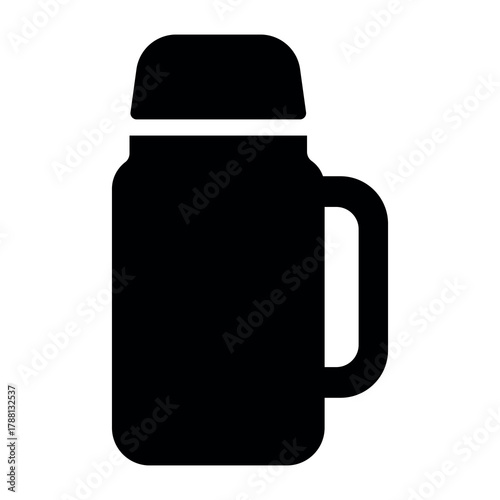 An illustration depicting a black silhouette of a coffee or tea thermos icon on a white background