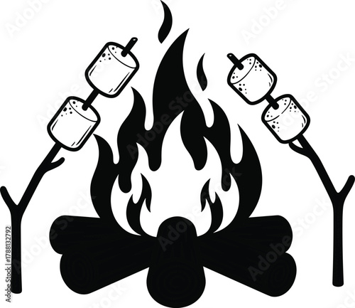 Campfire marshmallows, outdoor fire pit, cozy camping scene, roasting sticks, wilderness icon, black white vector, cad drawing flat vector illustration