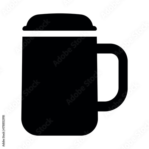 An illustration depicting a black silhouette of a coffee or tea thermos icon on a white background