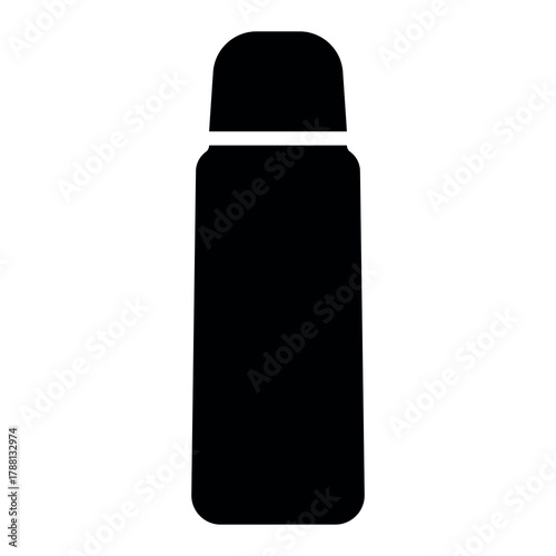 An illustration depicting a black silhouette of a coffee or tea thermos icon on a white background