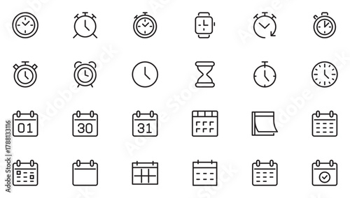 Calender And Alerts Icons set. clock, stopwatch, timer, schedule, date, and more. Pictograms and infographic. Thin outline icons pack. Vector illustration