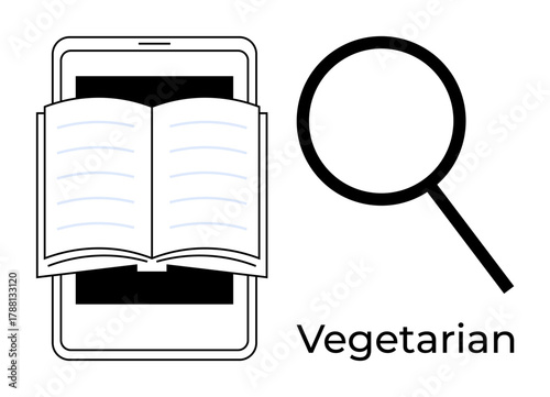 Open book on tablet screen with magnifying glass and Vegetarian text. Ideal for healthy eating, recipe search, education, nutrition facts, food science, online learning, simple flat metaphor