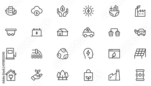 Renewable energy line icon set. Energy, efficiency, solar energy, green, sunlight, wind. Thin outline icons pack. Vector illustration