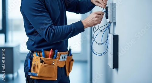 Close-up of a Technician with a Leather Tool Belt Wiring a Control Panel on an Office Wall.