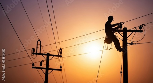 Silhouette of an Electrician Working on a High Voltage Power Pole Against a Bright Setting Sun.