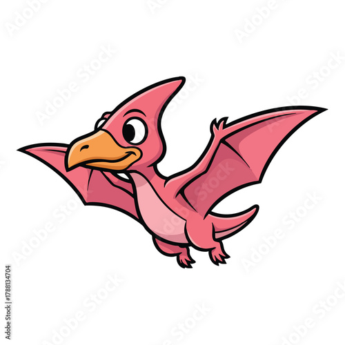 Cute cartoon pterodactyl flying in the sky with pink wings and a cheerful expression