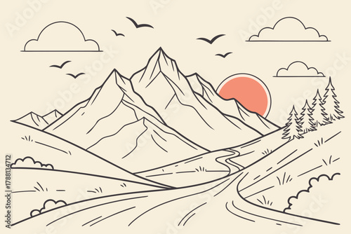 Minimal mountain ridge line art — continuous horizon line with rising sun, calm nature vector