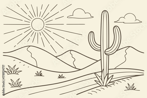 Single line cactus and desert landscape — sun and sand dunes, modern boho vector