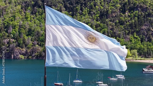 Close-up of the Argentine flag waving in the wind