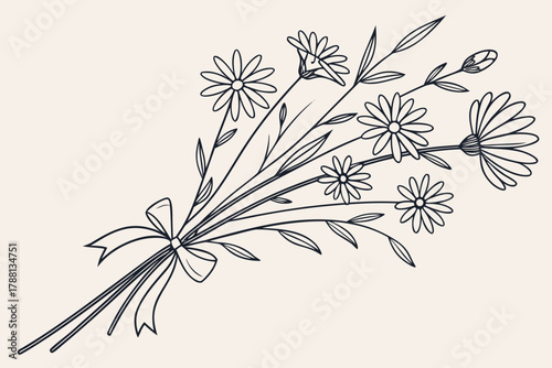 Single line wildflower bouquet — delicate stems, graceful minimalist botanical vector