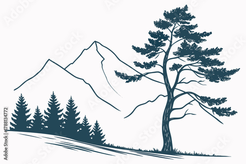 Abstract mountain and pine tree outline — clean wilderness minimal vector background