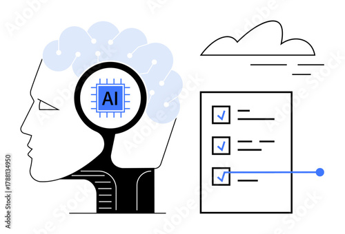 Human head with AI chip highlights technology and cognitive fusion. Nearby checklist symbolizes task organization. Cloud design illustrates connectivity. Ideal for innovation, AI, automation