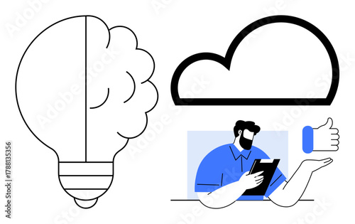 Large light bulb, cloud closely related to creativity, digital innovation. User holding a tablet with thumbs one arm simulating feedback. Ideal for ideas, teamwork, improvement simple flat metaphor