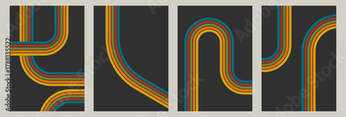 Stripe rainbow groovy posters with vintage psychedelic lines. Vintage groovy background with retro rainbow stripe line in groovy colors