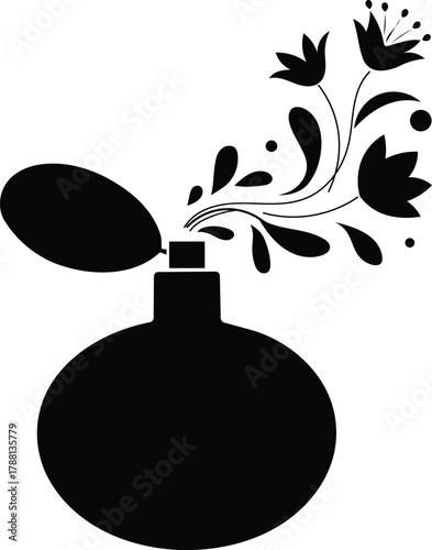 Vector black silhouette of a perfume bottle with floral elements spraying out