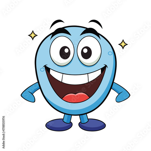 Happy blue cartoon character smiling widely with a big grin