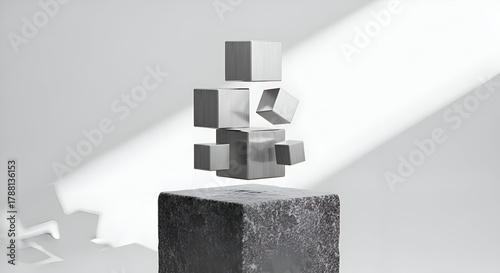 Abstract 3D rendering showcases metallic cubes in dynamic motion, defying gravity against a clean, modern backdrop with dramatic light and shadow play.