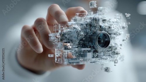 Fototapeta Naklejka Na Ścianę i Meble -  A futuristic hand holds a transparent camera composed of digital elements, blending technology and creativity in a striking visual.
