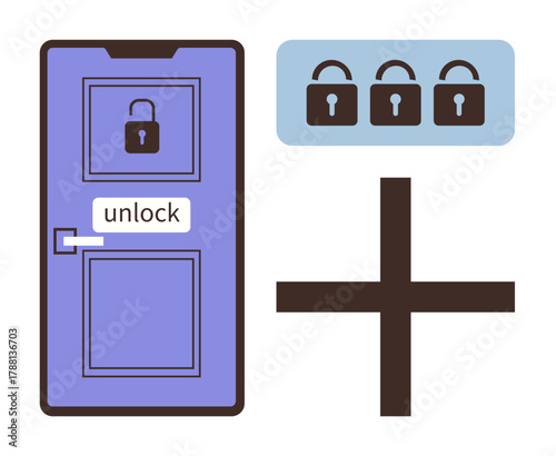 Locked purple door with unlock text and three padlocks on blue panel alongside a plus sign. Ideal for security, access, privacy, solutions, password management, decision-making, teamwork. Modern flat