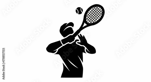 Dynamic tennis player powerfully serves ball with racket in action, capturing intense sport moment for active lifestyle promotion.