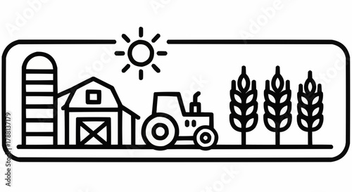 Vibrant farm scene with a tractor, barn, silo, and wheat under a bright sun, celebrating agricultural life and harvest