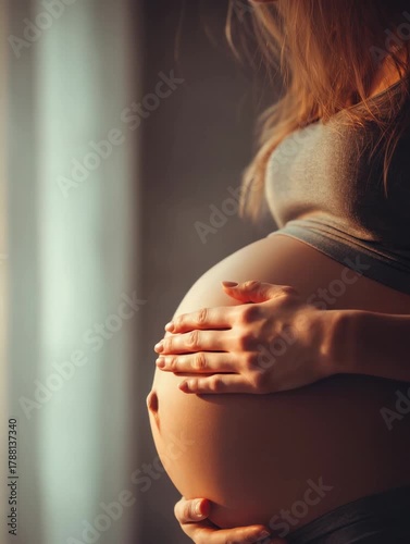 Expecting joy in a cozy setting as a mother embraces her beautiful baby bump during golden hour light