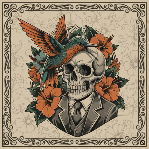 Intriguing Skull and Hummingbird Art with Floral Accents and Ornate Border