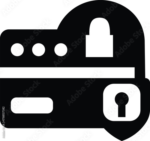 Vector secure credit card icon with lock and shield, representing online payment security and data protection