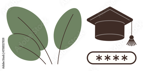 Green leaves representing growth, graduation cap symbolizing education, and password field for security. Ideal for education, growth, sustainability, learning, online security, innovation simple