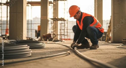 Focused Construction Electrician in Orange Hard Hat Installing Heavy Cable on a Concrete Floor.