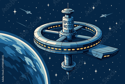 Futuristic illustration of a space hotel orbiting a planet in outer space.