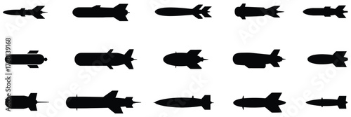 Guided missiles and ballistic rockets with boosters, designed for apps and websites, UI design, defense illustrations, aerospace interfaces, and technical graphics.