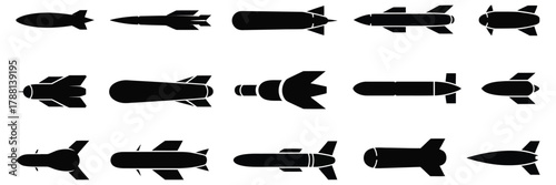 Guided missile and ballistic rocket flat icon collection featuring booster details, modern vector symbols for web and mobile apps, defense UI, aerospace, and technical diagram use.