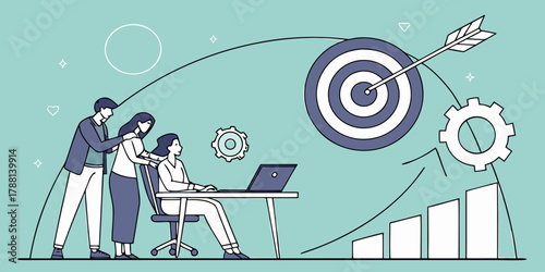 Empowered team achieving business goals with focus and collaboration, driving innovation and success, hitting targets with strategic solutions and support