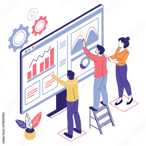 Team collaboration viewing data analytics dashboard for growth planning, business professionals analyzing charts for success in modern office setting