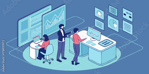 Modern business team collaboration analyzing data insights and growth trends, driving innovation and success in a dynamic office environment, originally a scalable graphic