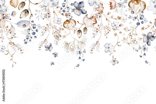 Canvas Print Winter Watercolor seamless border of dry herbs and plants