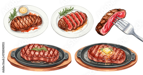 水彩のステーキイラストセット,牛肉,メインディッシュ,レストラン,鉄板焼き,手描き,ベクター