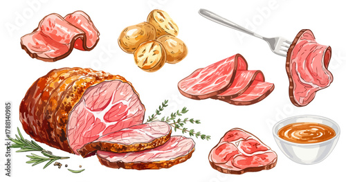 水彩のローストビーフと付け合わせのイラストセット,牛肉,メインディッシュ,パーティー料理,手描き,ベクター
