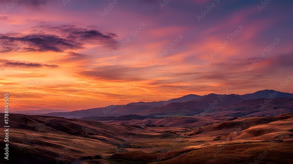 Naklejka premium Dramatic sunset over rolling hills vibrant colors painting the sky creating a serene and picturesque landscape perfect for travel and nature themes