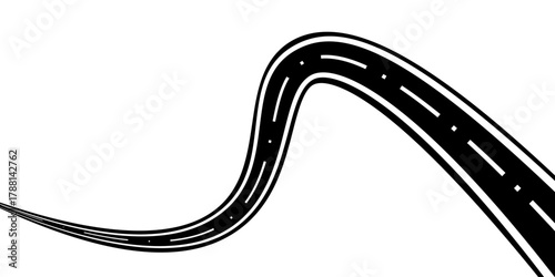 Winding road. Traveling along a curved highway. Background of the road to the horizon in perspective. Curvy asphalt empty line isolated vector concept.