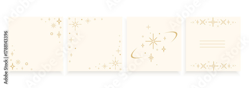 Boho square templates set with golden star and sparkle borders in minimalist style, for greeting cards, invitations, social media , thank you notes, packaging, branding, wedding.Vector illustration