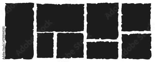 Black torn paper pieces with rough edges and grunge texture. Ripped rectangle frames for collage art, sticker mockup, text box, label design and isolated vector elements on white
