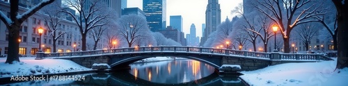 Snow covered Bow Bridge, Central Park backdrop of skyscrapers, winter, winter landscape, holiday