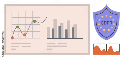 Graphs and bar charts represent data analysis with a GDPR compliance shield. Ideal for data privacy, analytics, cybersecurity, regulations, compliance, business growth, digital governance. A simple