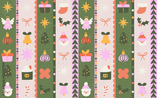 Christmas decorative wrapping paper and textile backgrounds. Seamless patterns vector set. Abstract hand-drawn quirky doodle ornaments with striped, plaid, and checkered designs for new year party.