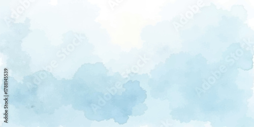 Abstract watercolor grunge texture: bright blue sky, white fluffy cumulus clouds, and sunlit atmosphere