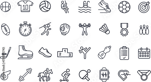 Sports & Fitness Vector Icons Set. 32 minimalist line art symbols for athletics, team sports, and workout apps. Includes soccer, basketball, running, gym, medal, and podium