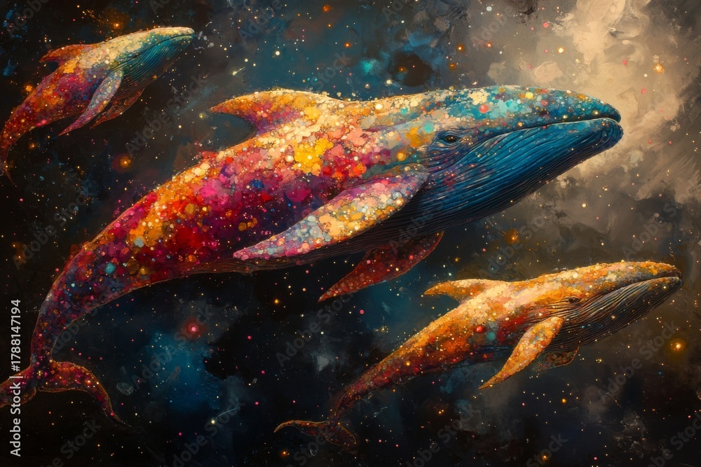 Obraz premium Surreal Whales In Starry Cosmos